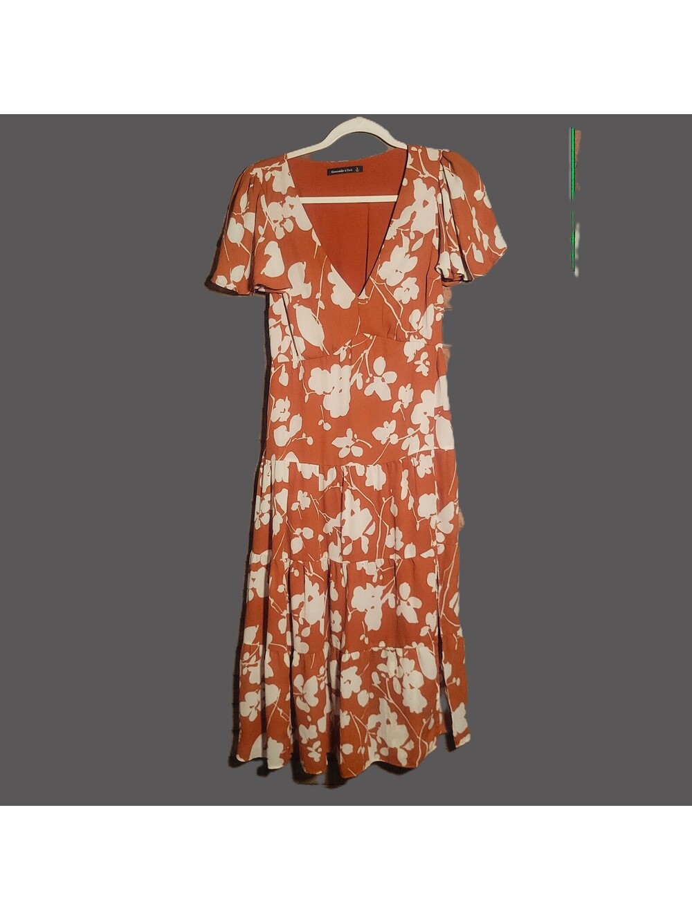 Abercrombie & Fitch Burnt Orange Floral Midi Dress Flutter Sleeve Tiered - Sz S